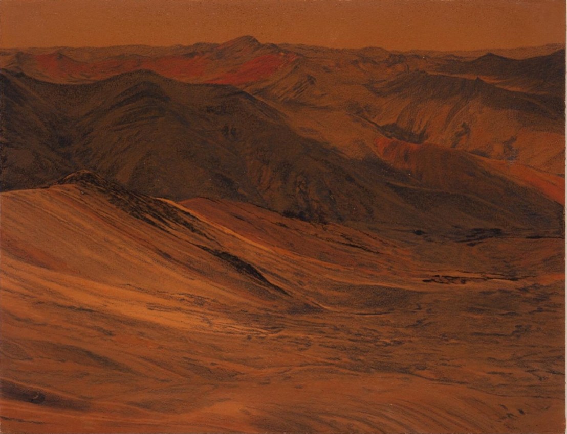 Saad Qureshi,&nbsp;Red Fire,&nbsp;2020,&nbsp;Mixed media including wood ash, black sand, charcoal on birch plywood, 19.5 x 25.5 in