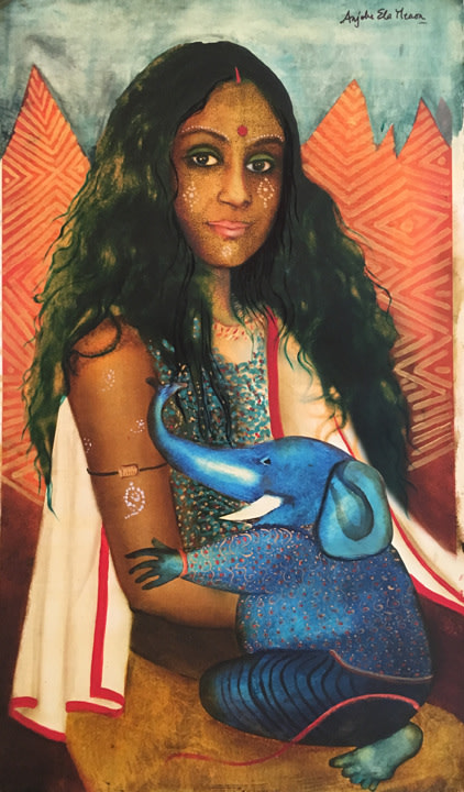 Anjolie Ela Menon with Robyn Beeche,&nbsp;Parvati I,&nbsp;2015,&nbsp;Oil and print on canvas, 36 x 22 in