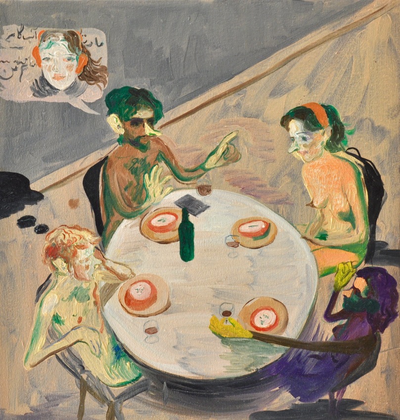 Salman Toor,&nbsp;Transliteration Game,&nbsp;2015,&nbsp;Oil on canvas,&nbsp;18 x 17 in