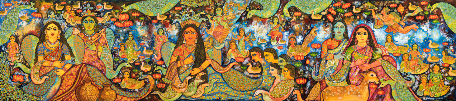 Jayasri Burman, Radha and Krishna, Draupadi and the Five Pandavas, Sita and Ram, 2017, Mixed media on paper, 48 x 216 in (triptych)