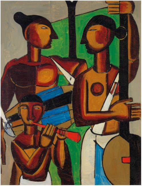 Two musicians facing each other in a geometric form