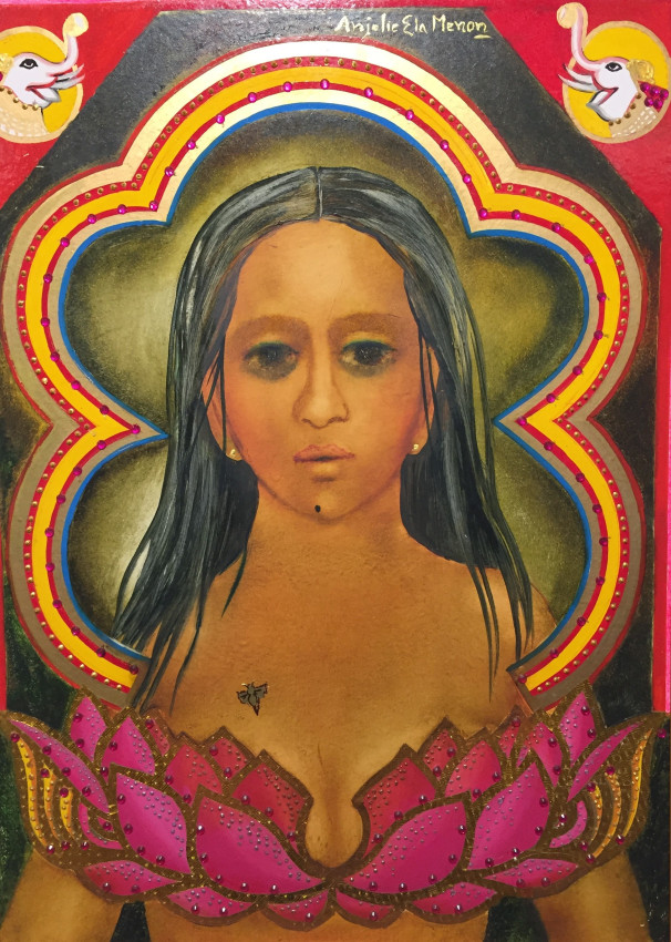 Anjolie Ela Menon,&nbsp;Untitled (Girl in a Halo),&nbsp;2013,&nbsp;Mixed media on Masonite board, 24 x 17.5 in
