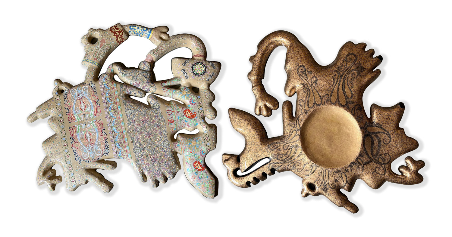 Veer Munshi, Healing Wounds Series cuttout shrapnel style wood and paper mache wall sculpture