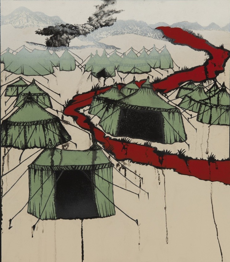 Saad Qureshi,&nbsp;River Dies of Thirst,&nbsp;2013,&nbsp;Oil, spraypaint and wax pencil on paper, 17.5 x 15.5 in