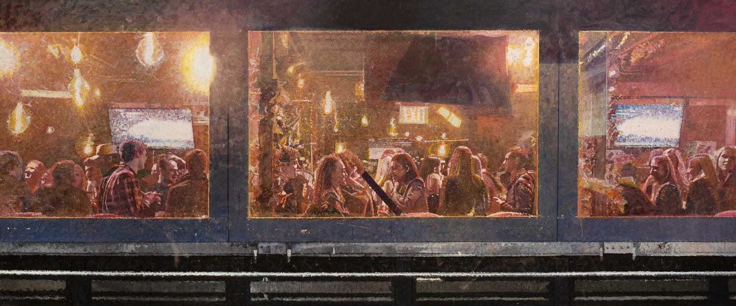 Bernardo Siciliano,&nbsp;Let&#039;s Have a Kiki,&nbsp;2019-2021,&nbsp;Oil on canvas,&nbsp;57 x 135.5 in