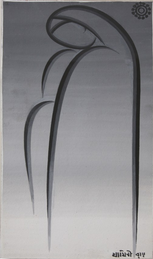 Jamini Roy,&nbsp;Untitled (Mother and Child - Grey),&nbsp;Tempera on board, 26 x 14 in