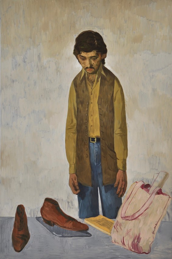 Salman Toor,&nbsp;Man with Tote Bag and Laptop,&nbsp;2018, Oil on panel,&nbsp;36 x 24 in
