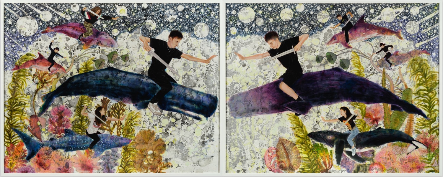 Faiza Butt,&nbsp;The Eternal Playground,&nbsp;2019,&nbsp;Acrylic glazes on marble paper,&nbsp;48 x 120 in (diptych)
