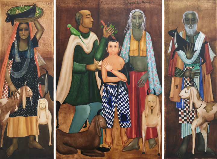 Anjolie Ela Menon,&nbsp;Goatherd,&nbsp;2017,&nbsp;Oil on Masonite board, 72 x 96 in (triptych)