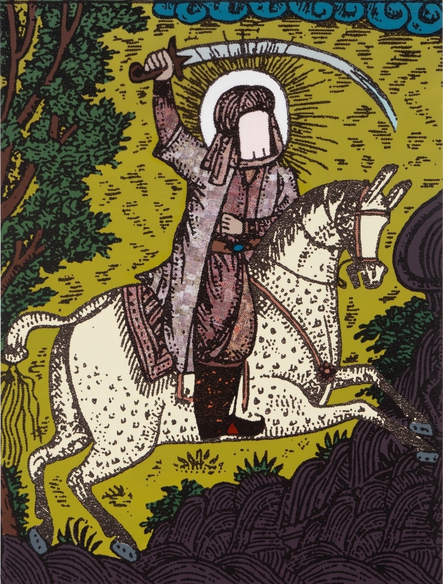 Saad Qureshi,&nbsp;Saint Warrior, 2021,&nbsp;Acrylic, ink, paper on birch plywood,&nbsp;78.74 x 59.1&nbsp;in