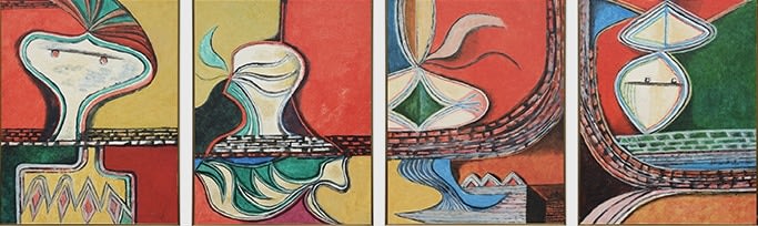 K.S. Kulkarni,&nbsp;Untitled, 1983, Acrylic on board, 27.5 x 21.5 in each 110 x 21.5 total