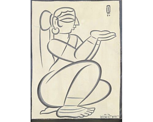 Jamini Roy, Seated Woman, Tempera on card, 17.5 x 13 in