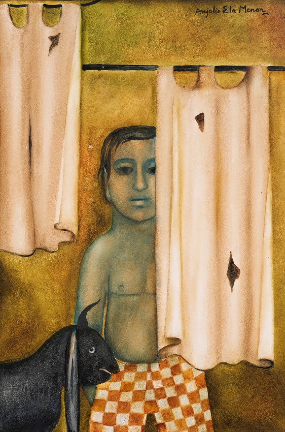 Anjolie Ela Menon,&nbsp;Behind the Arras,&nbsp;2020,&nbsp;Oil on Masonite board, 36 x 24 in (91.44 x 60.69&nbsp;cm)