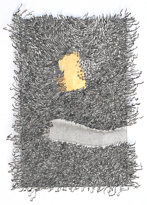 Ghulam Mohammad, Tasalsul (Carrying), 2019, Iranian ink &amp;amp; paper collage on Wasli paper, 22.5 x 16.25 in