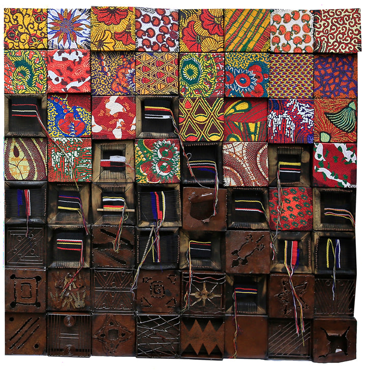 Peju Alatise, Death and the King&#039;s Alaso Ofi (Part 2) III,&nbsp;2018,&nbsp;Metal, stone cast, wood and acrylic on canvas, 50 x 50 in