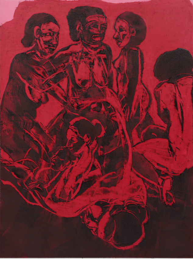 Mequitta Ahuja, Term,&nbsp;2020,&nbsp;Oil on polyester drafting film,&nbsp;29&nbsp;x 21.5 in