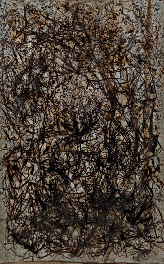 Jayashree Chakravarty,&nbsp;Scattered foliage,&nbsp;2020,&nbsp;Dry straw, roots, jute, seeds, tea leaves, tea stain, acrylic paint, cotton fabric, nepali paper, thin tissue paper, synthetic glue,&nbsp;73.75 x 48.5 in