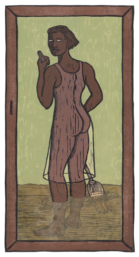 Alison Saar,&nbsp;Blackwater Blues, 2014, Ed. 25/30, Woodcut, fabric dye, shellac, chine colle, 27.38 x 14.38 in (69.53 x 36.51 cm)