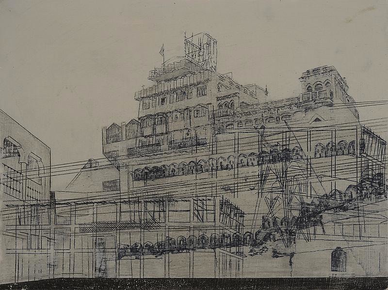 Saad Qureshi,&nbsp;Drought,&nbsp;2012,&nbsp;Oil paint, spray paint, wax pencil on wood, 8 x 12 in