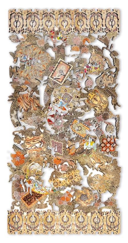 Hand painted wall sculpture carved in multiple shapes in brown, yellow, red orange tones