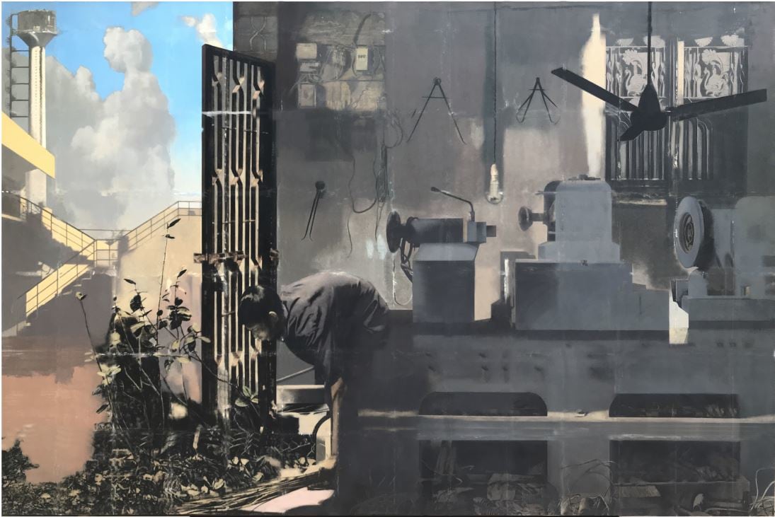 Nataraj Sharma,&nbsp;Karkhana, 2021-22, Oil on canvas, 72 x 108 in (182.88 x 274.32 cm)