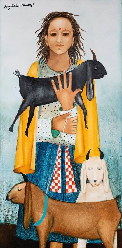 Anjolie Ela Menon,&nbsp;Goatherd II,&nbsp;2020,&nbsp;Oil on Masonite board, 48 x 24 in