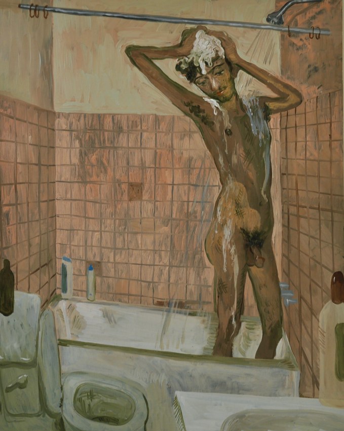 Salman Toor,&nbsp;Shower Boy,&nbsp;2018,&nbsp;Oil on panel, 20 x 16 in