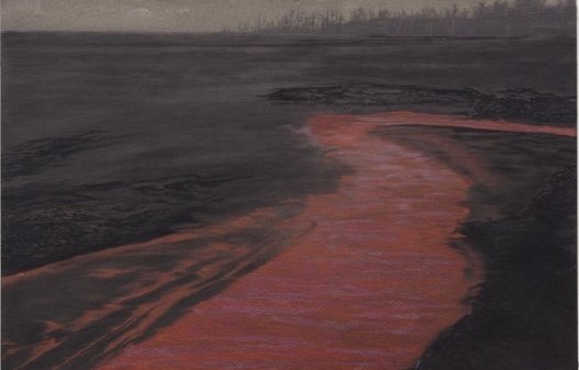 Saad Qureshi, River Dies of Thirst, 2018, Mixed media including wood ash, black sand, charcoal, colored pencil on Birch plywood, 25 x 39 in