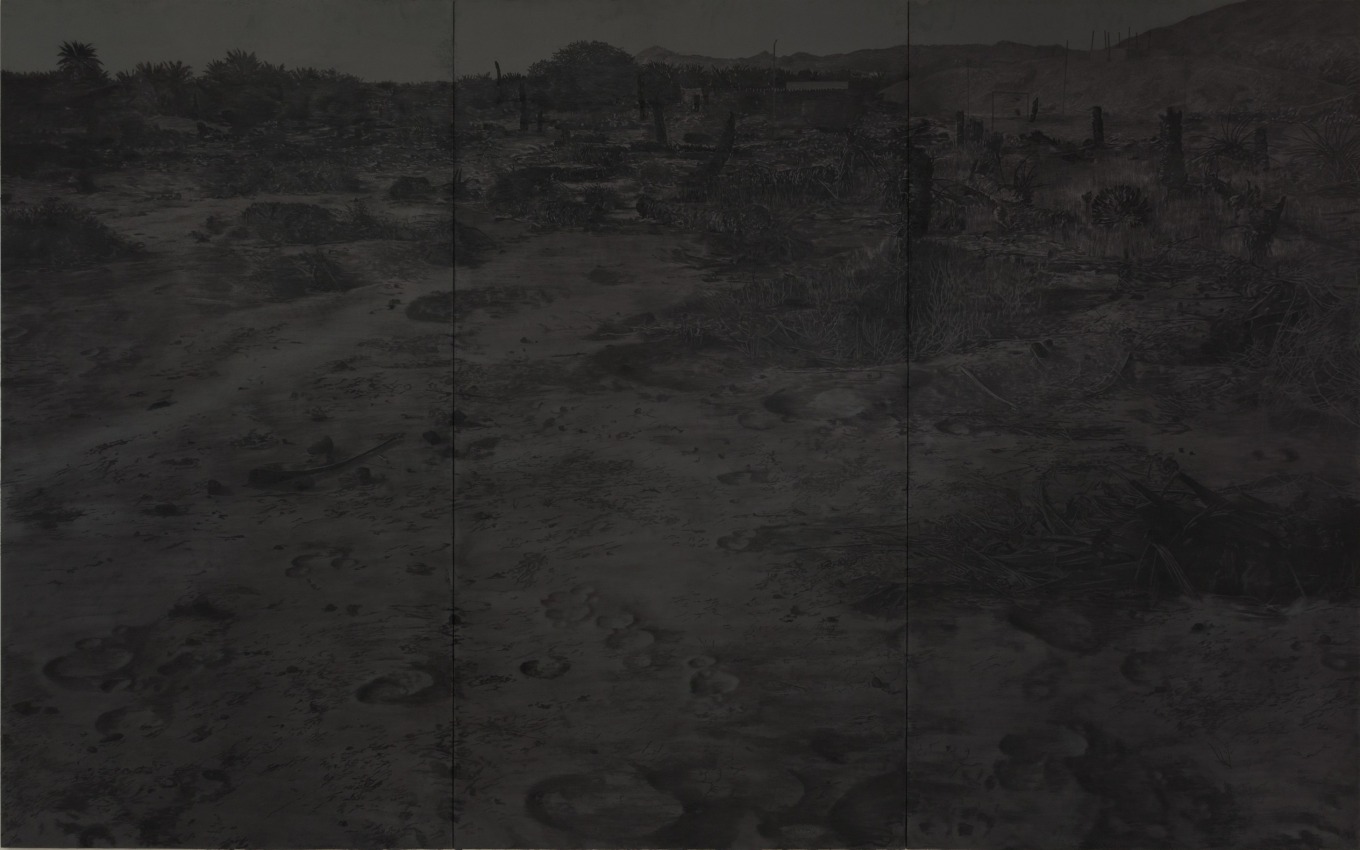 Saad Qureshi,&nbsp;Night That Witnessed,&nbsp;2017,&nbsp;Wood ash, black sand, charcoal, and ink on Gaboon plywood, 90 x 144 in