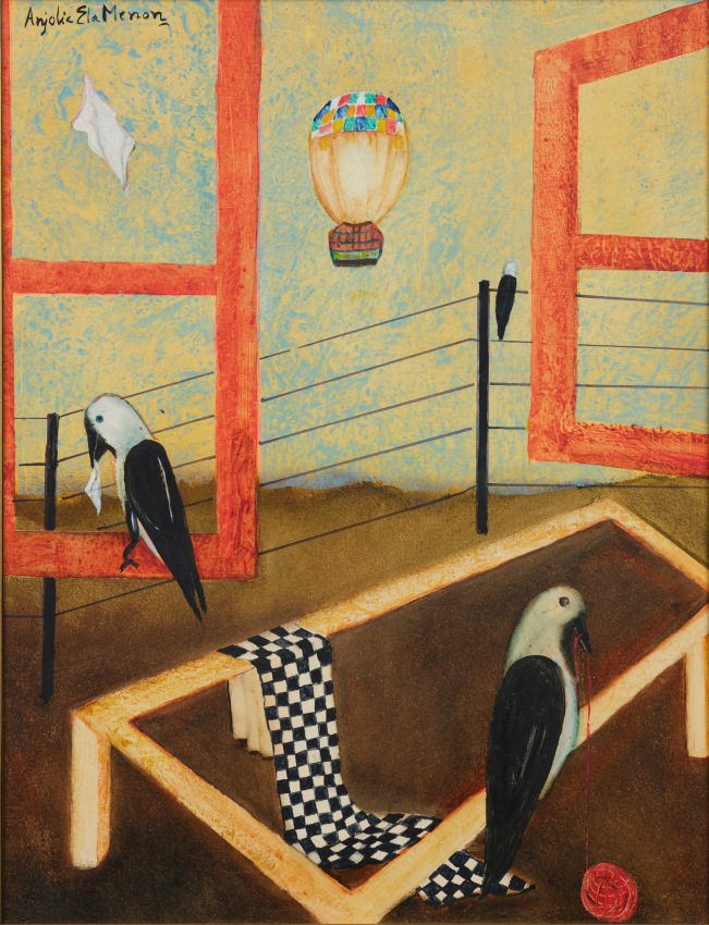 Painting of two crows in a desolate landscape