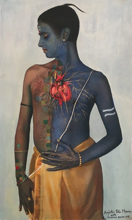 Anjolie Ela Menon with Robyn Beeche,&nbsp;Himanshu,&nbsp;2015,&nbsp;Oil and print on canvas, 27 x 17 in