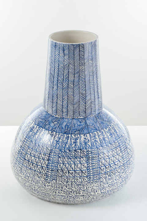 Rachid Koraichi, From the series Les Sept Stations C&eacute;lestes,&nbsp;2018, Soft paste porcelain, blue and white oxide, 20 x 16 x 16 in