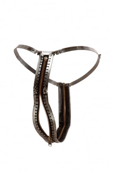 Naiza Khan,&nbsp;Chastity Belt I,&nbsp;2007,&nbsp;Metal and fabric zip,&nbsp;14&nbsp;x 12&nbsp;x 12&nbsp;in