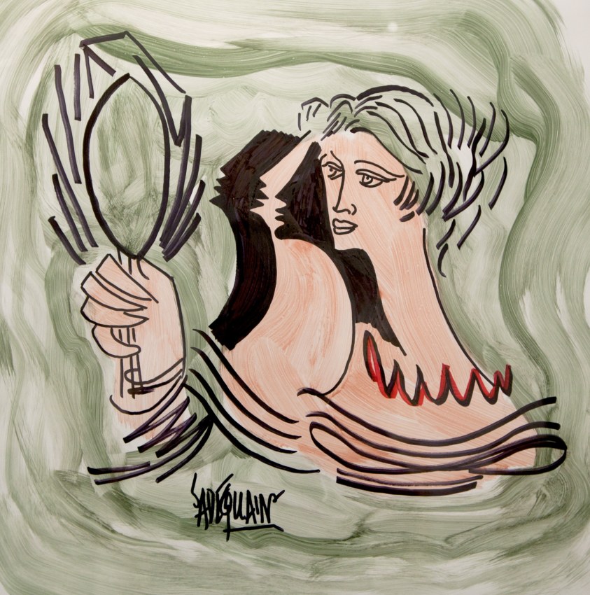 Sadequain,&nbsp;Untitled (Red Necklace),&nbsp;1980,&nbsp;Watercolor and ink on paper, 17 x 17 in