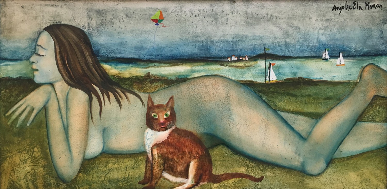 Anjolie Ela Menon,&nbsp;Blue Nude,&nbsp;2016,&nbsp;Oil on Masonite board, 24 x 48 in