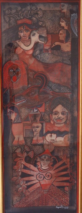 Image of the divine mother in swirling red and purple tones