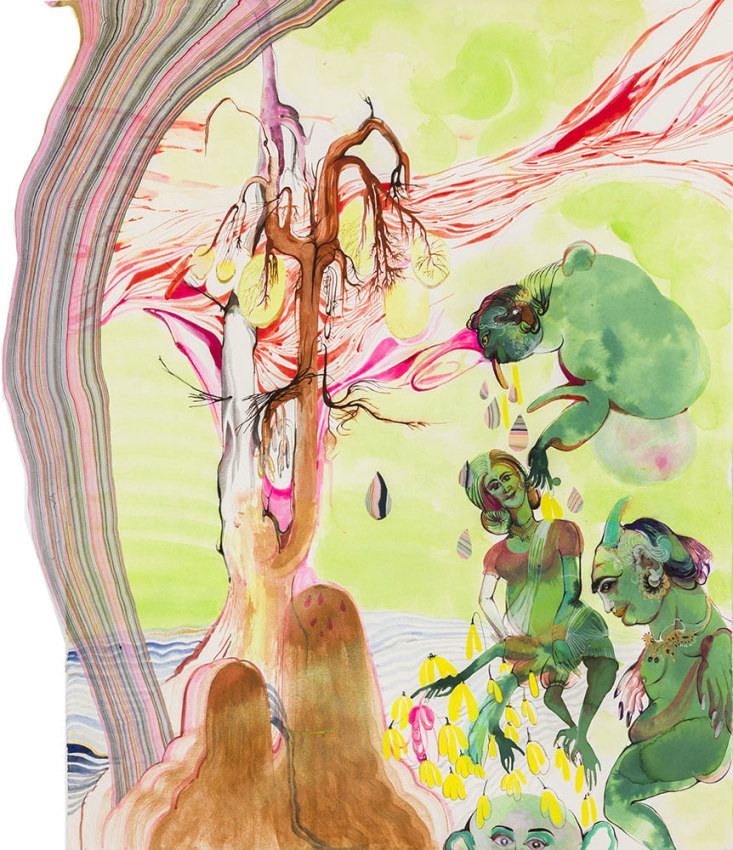 Rina Banerjee,&nbsp;The gene was his mule, Mendel with his peas in the monastery in thick garden made variety, made mischief while green ponds, unripe flower took to crossing, blended fluids so dominant was recessive, 2014,&nbsp;Acrylic, ink, marbled paper collage on watercolor paper,&nbsp;29 x 25 in