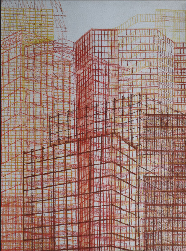 Pastel and watercolour drawing of city scape in shades of orange, red and yellow.