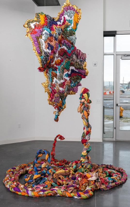 Suchitra Mattai,&nbsp;Tethered,&nbsp;2020,&nbsp;Vintage saris, wire, fabric, Dimensions variable