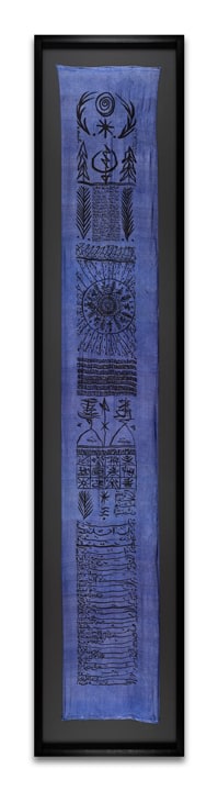 Rachid Kora&iuml;chi, Les Sept Variations Indigo 14,&nbsp;2002, Serigraphy on Aleppo silk, ink, and paint, 126 x 19 in.&nbsp;