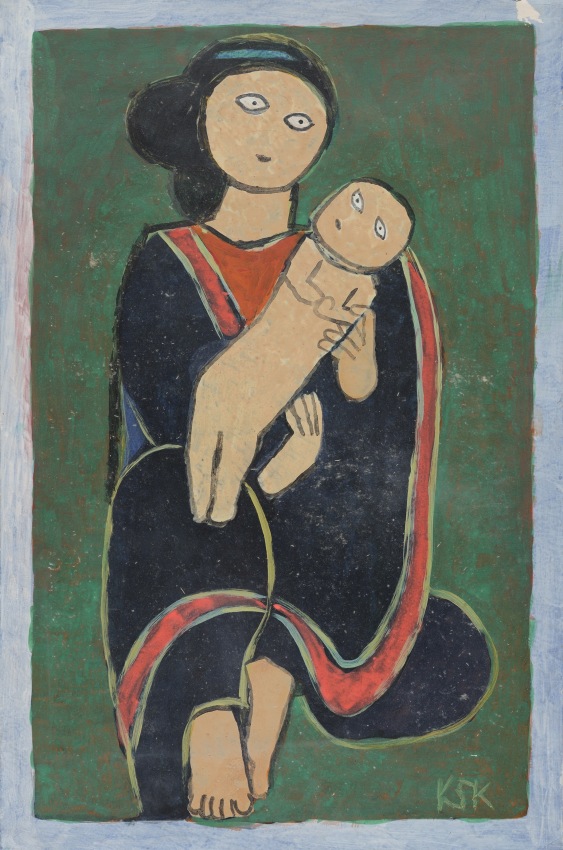 K.S. Kulkarni,&nbsp;Mother and Child, 1980, Acrylic on card, 31.50 x 21 in
