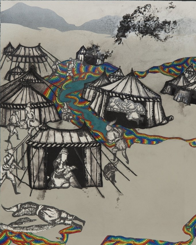 Saad Qureshi,&nbsp;Edge of Tentativeness,&nbsp;2013,&nbsp;Oil, spraypaint and wax pencil on giclee print, 17.5 x 14 in