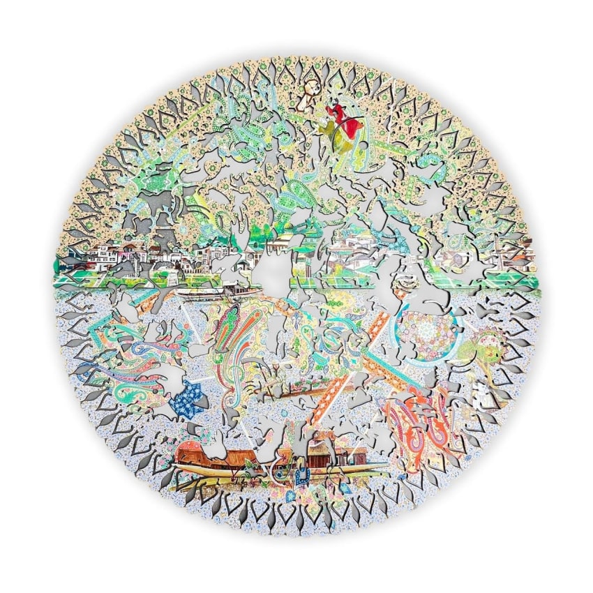 round board with cutouts and miniature paintings