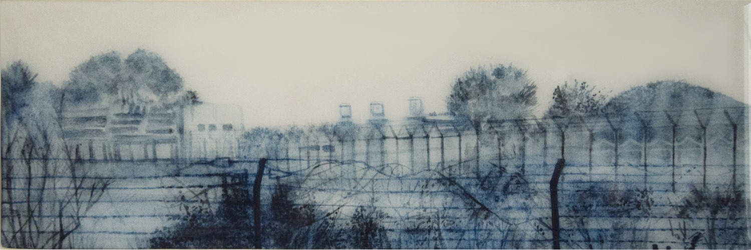 Saba Qizilbash,&nbsp;Bordertown 2,&nbsp;2020,&nbsp;Soluble graphite and resin on paper mounted on wood, 4 x 12 in