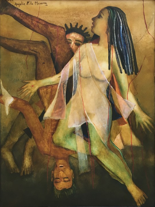 Anjolie Ela Menon,&nbsp;Falling Girl,&nbsp;2015,&nbsp;Oil on Masonite board,&nbsp;48 x 36 in