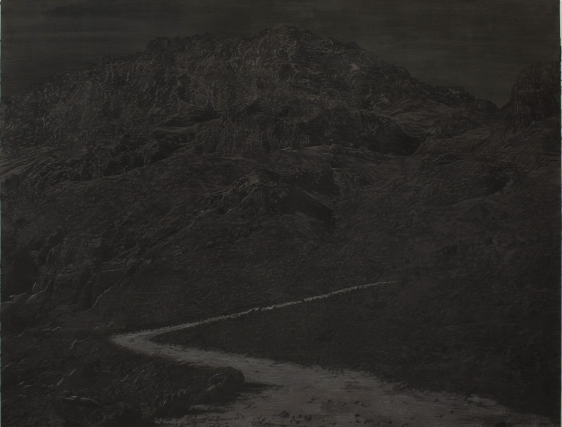 Saad Qureshi,&nbsp;Path to Light,&nbsp;2017,&nbsp;Wood ash, black sand, charcoal, and ink on Gaboon plywood, 73 x 95.5 in