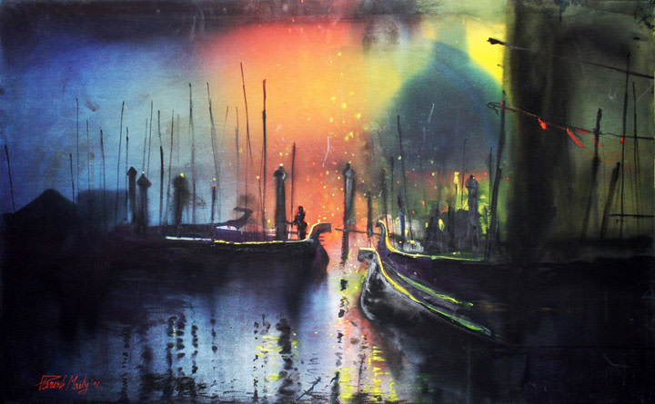 Paresh&nbsp;Maity, Carnival Venice,&nbsp;2001, Watercolor on Board, 32 x 52 in