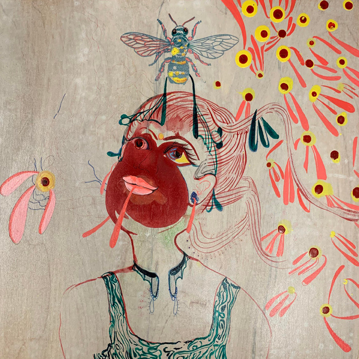 Rina Banerjee, Made of sugary sin and sweet greed she was wide-eyed and relentless when plenty of nectar and flower brought also a mood much too sour, unleashed her, her all that was bad in power, ​2014, Acrylic, ink on wood panel, 11 x 12 x 1.5 in