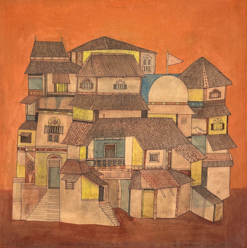 Stacks of houses on an orange background