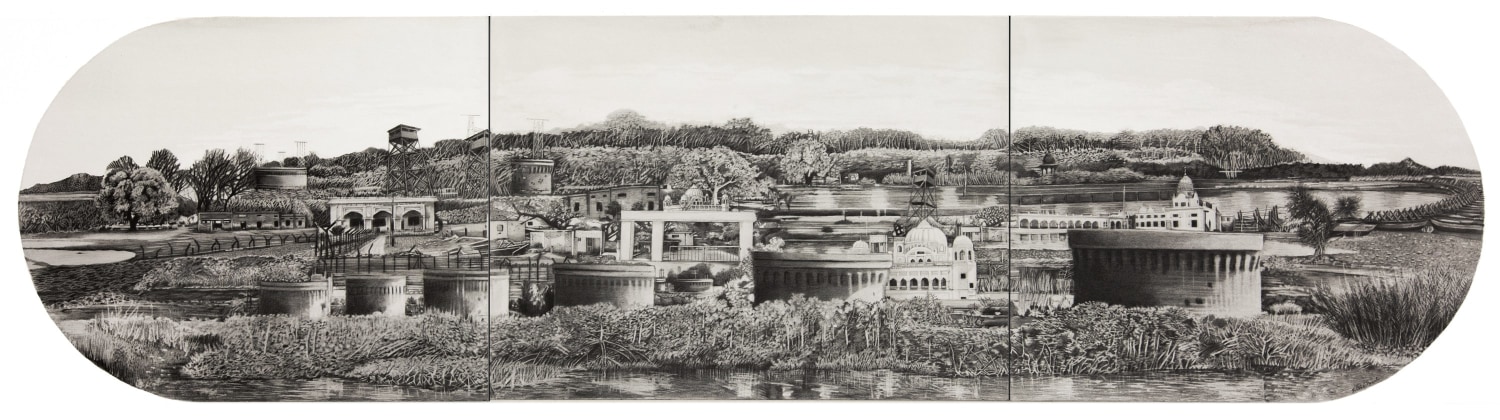 Saba Qizilbash,&nbsp;Kartarpur,&nbsp;2017,&nbsp;Graphite and wash on water colour board,&nbsp;15 x 60 in